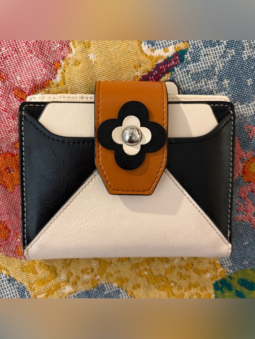 Bostanten Women's Tricolor Leather Wallet - White, Black & Tan
